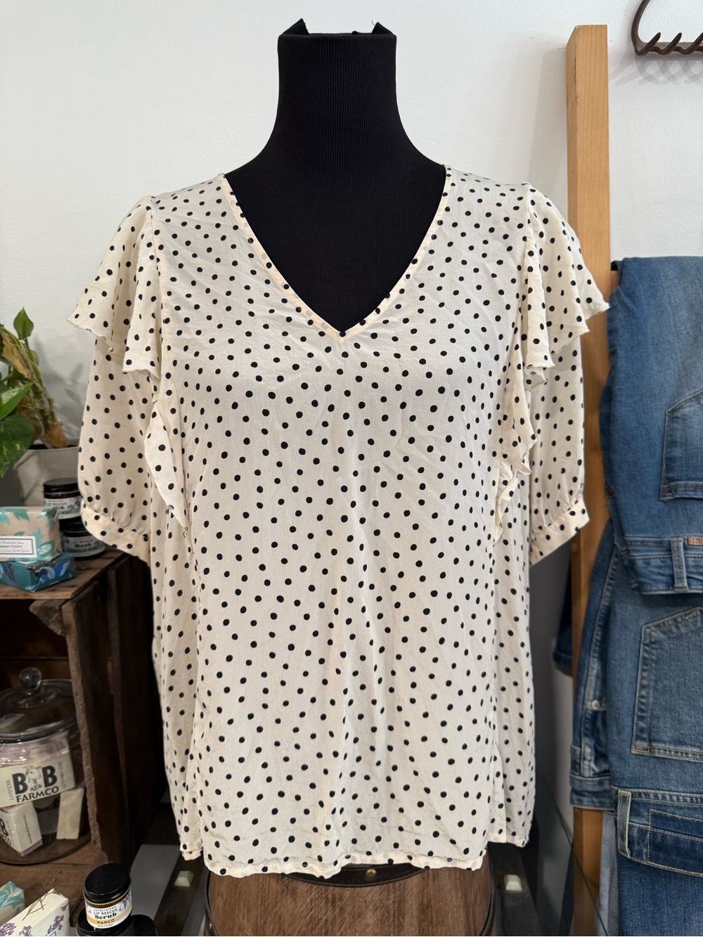 MADEWELL Short Sleeve Off White/Black Polka Dot V-Neck Blouse (XXL)